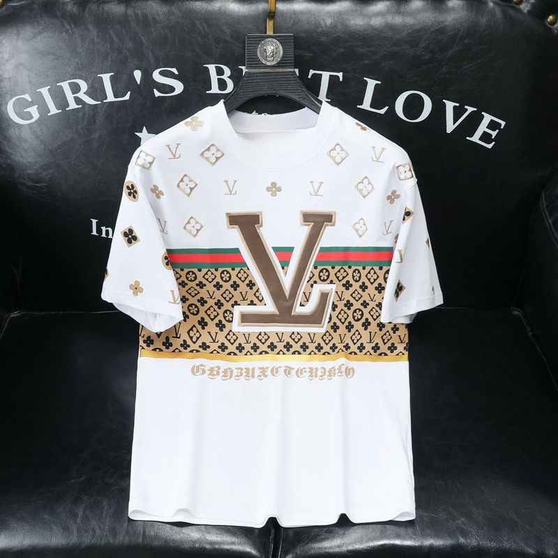 สไตล์ยุโรปอินเทรนด์แสงหรูหราพิมพ์หลวมแขนสั้นเสื้อยืดเยาวชนฤดูร้อนของผู้ชายด้านบน