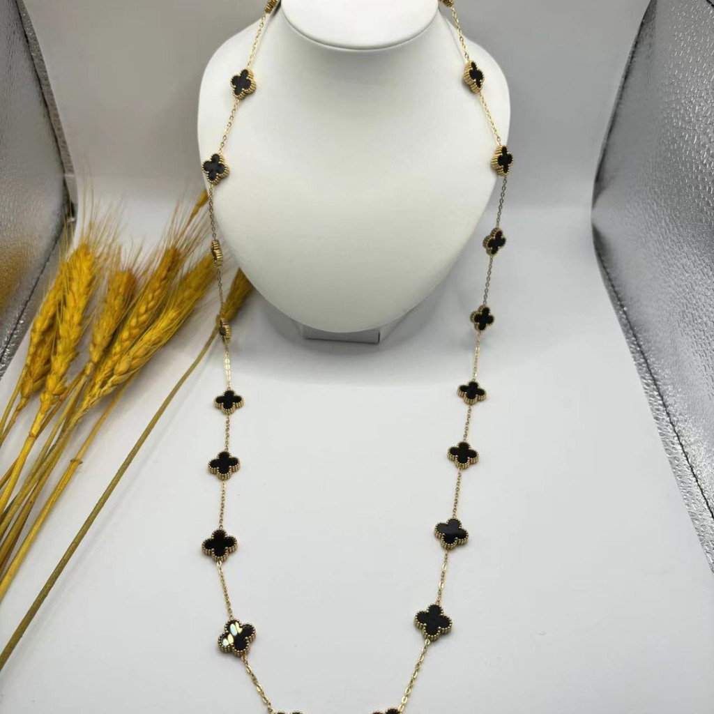 สร้อยคอโคลเวอร์สี่แฉกทอง 18k ยาว 90 ซม. 20 ดอกไม้สีดํา Fritillary