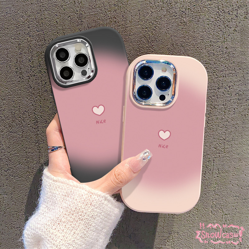 ลวดลายหัวใจรักเรียบง่ายสีชมพู เลนส์โลหะชุบหรูหรา เคสiPhone 16 13 11 14 15 12 Pro Max 8 16 7 Plus X XS XR Max SE 2020