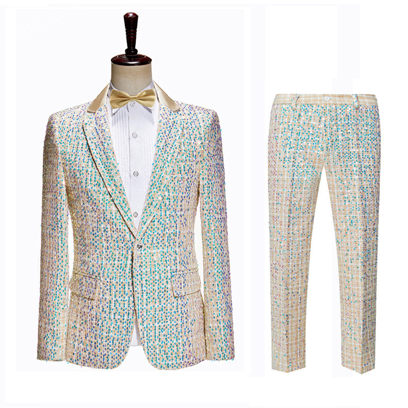 DD shopDD shop ผู้ชาย Slim-fit แชมเปญสี Sequined Dress Suit Stage Performance Suit Host Anchor Catwa