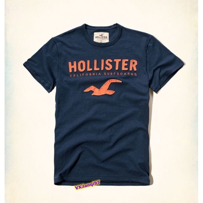 【เสื้อยืดใหม่】H70 Hollister t-shirt cotton round neck fashion tee for men applique dark blue tshirt