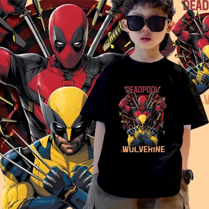 (จัดส่งตลอด 24 ชั่วโมง)เสื้อยืดเด็ก Marvel Deadpool & Wolverine Children's Tshirt #NY01 เสื้อยืดแขนสั้นเด็กชายผ้าฝ้าย