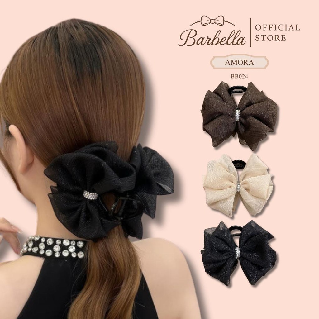 Barbella กิ๊บโบว์ผ้าเนื้อมุก ทรงเรียบหรู ติดเพชรเม็ดกลาง สไตล์เกาหลี รุ่น Amora (BB024)