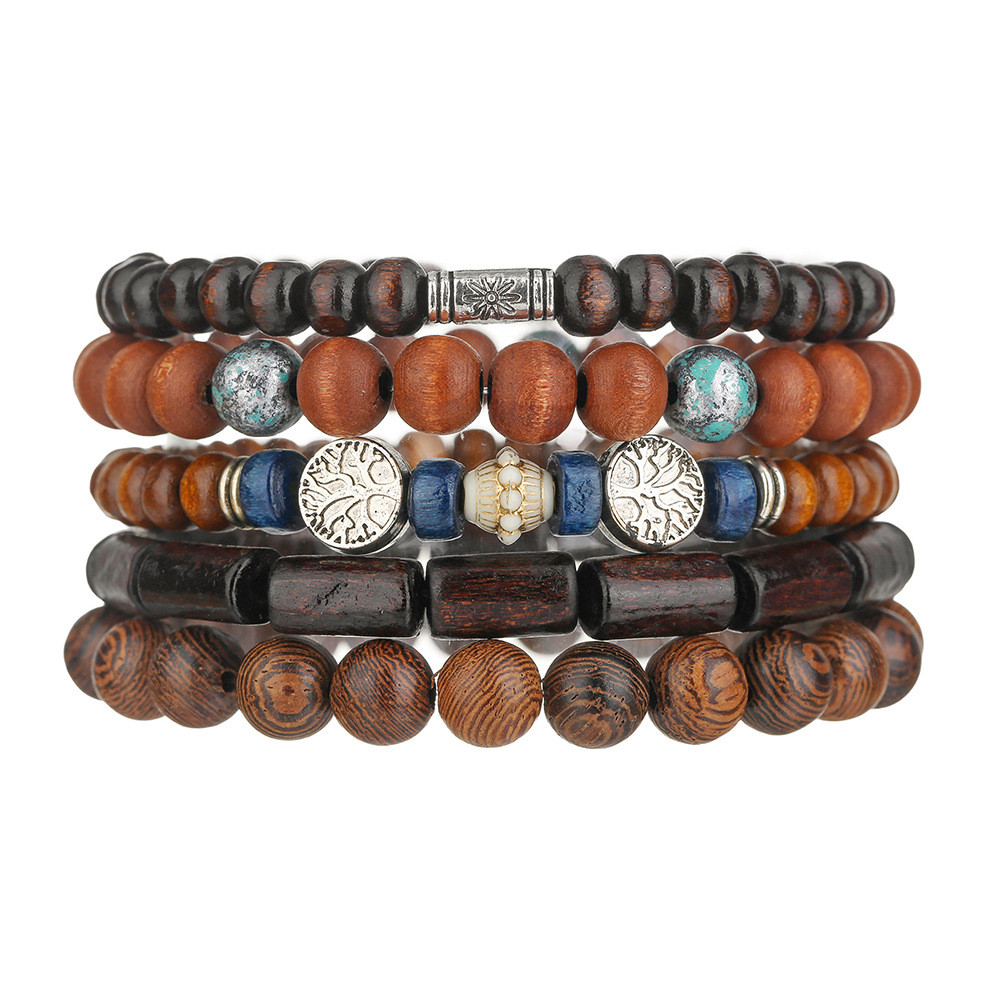 ชุดสร้อยข้อมือVintage Minimalist ลูกปัดไม้ Retro สไตล์ชาติพันธุ์ Multi-Layer Stackable Tree Of Life Unisex