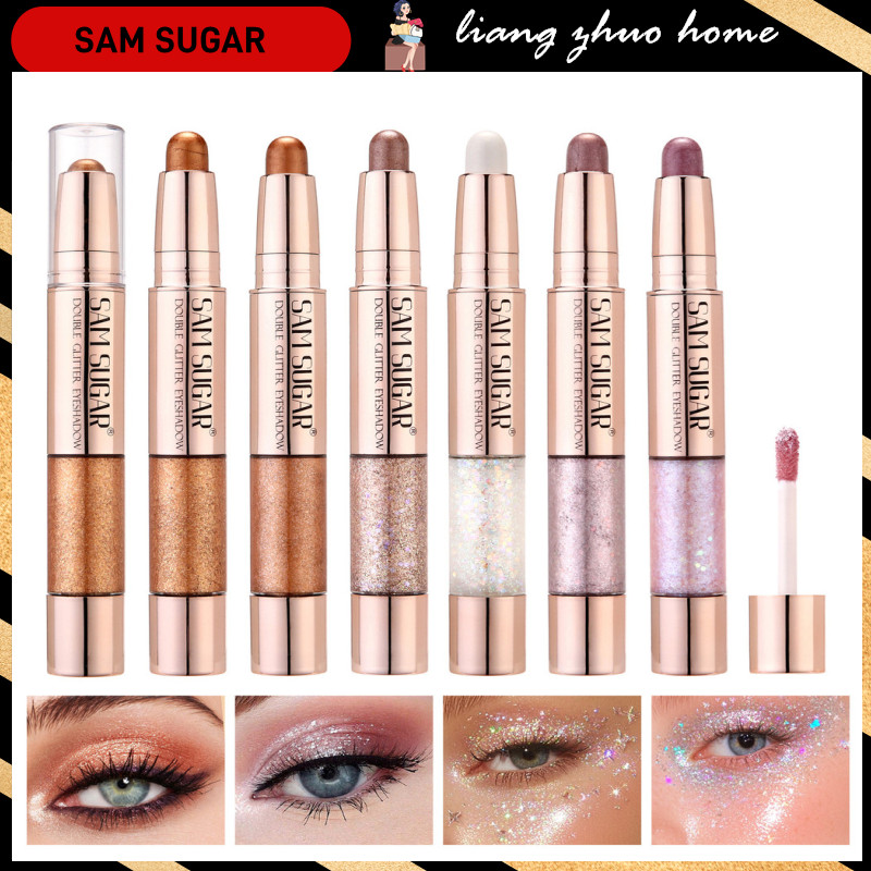 SAM SUGAR อายแชโดว์สองหัวสีชมพูสีน้ําตาลอายแชโดว์ปากกา High Gloss Pearly Metallic Eye Shadow Sticks กันน้ํา Make Up – โปรปัง