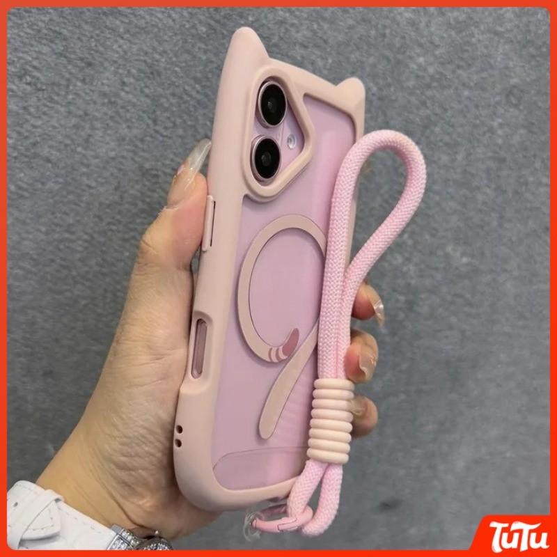 TuTu น่ารักหูแมวใสแม่เหล็กชาร์จไร้สายเคสโทรศัพท์เข้ากันได้สําหรับ IPhone 16 15 14 13 12 11 Pro Max Plus กันกระแทกนุ่มพร้อมสายคล้อง Lanyard กรณีปกหลัง เคสกันกระแทก เคสซิลิโคน เคสไอโฟน11