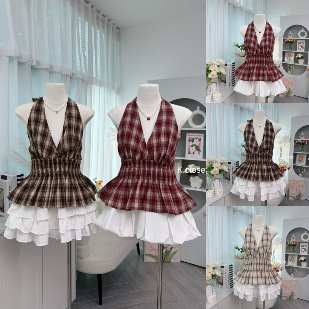 (อกถึง28-42 ) เสื้อคล้องคอลายสก็อต เสื้อคล้องคอสม็อรอบตัว ยืดได้เยอะสาวอวบใส่ได้ detail จั๊มเอว ใส่แล้วพรางหุ่น