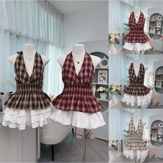 (อกถึง28-42 ) เสื้อคล้องคอลายสก็อต เสื้อคล้องคอสม็อรอบตัว ยื…