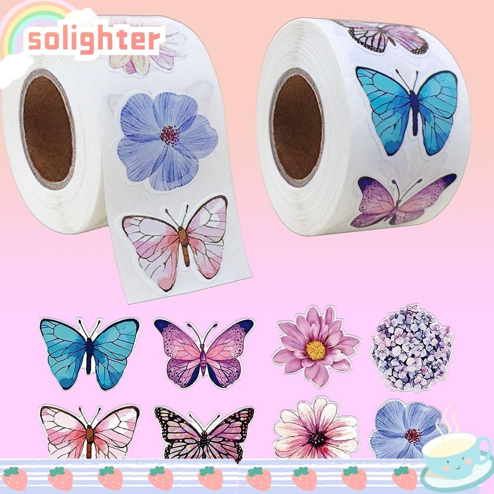 SOLIGHTER สติ๊กเกอร์ดอกไม้ผีเสื้อ, สติ๊กเกอร์ฉลากทรงกลม DIY, น่ารักกันน้ํา 500 ชิ้น 2.5 ซม./1.0 นิ้วเครื่องเขียนฉลากซีล