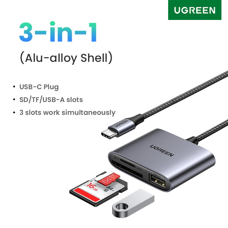 UGREEN เครื่องอ่านการ์ด USB C 3 ใน 1 ประเภท C ถึง USB A SD Micro SD TF อะแดปเตอร์เครื่องอ่านการ์ดหน่วยความจํา