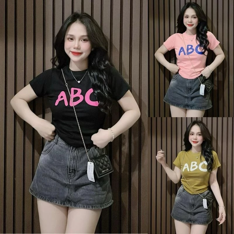 PHOM เสื้อยืดรัดรูป สำหรับผู้หญิง สั้น พิมพ์ลาย คอกลม สไตล์ลำลอง เสื้อยืด