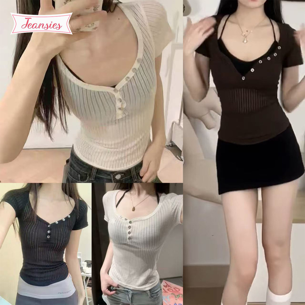 เสื้อยืดคอวี แขนสั้น กระดุมไหล่ สไตล์สาวมั่น