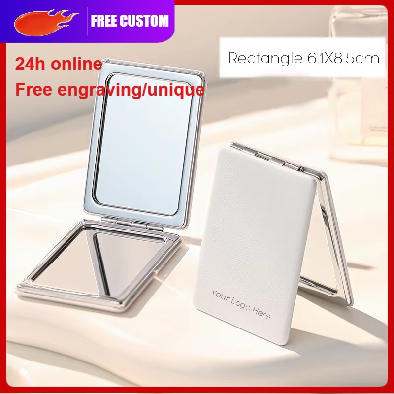ฟรีกระจกแต่งหน้าส่วนบุคคลหนังสีขาวกระจกแบบพกพาของขวัญแต่งงานที่กําหนดเองขนาดกะทัดรัดพับกระจกกระเป๋าสําหรับวันเกิด