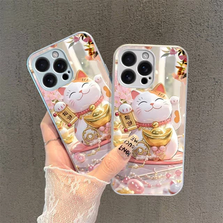 เหมาะสําหรับเคสโทรศัพท์ iPhone 11/12/13/14PLUS/15/16pro max/xr/xs max เคสแข็ง เคสกระจกระดับไฮเอนด์มีสไตล์ ดีไซน์แมวมั่งคั่งน่ารัก ป้องกันการตก กันกระแทก