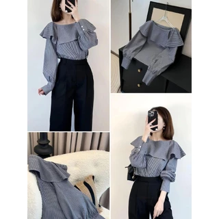 Chili Koko เสื้อเชิ้ตลายทางสำหรับผู้หญิง ดีไซน์ใหม่ ขอบระบาย ท็อปสวย ทันสมัย อเนกประสงค์ เสื้อผ้าผู้หญิง 99106