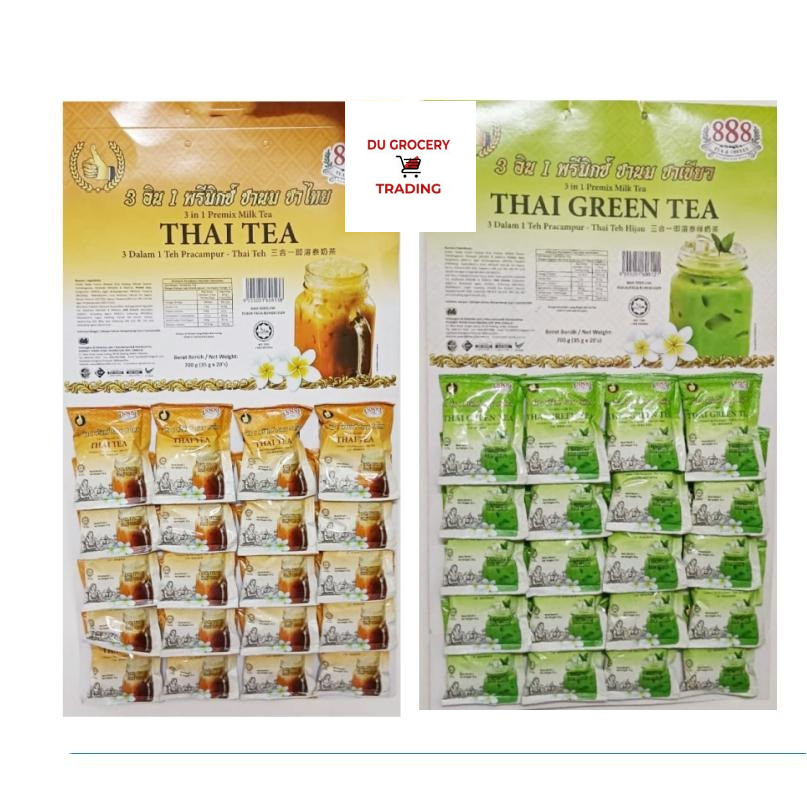 888 Tea 3 in 1 Premix Milk Tea INSTANT THAI Green Tea 35g x 20 Pack Sachet Tray Papan