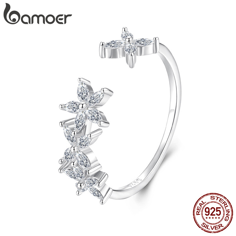 BAMOER แหวนเงิน 925เงินสเตอร์ลิง แบบปรับได้ ออกแบบเป็นรูปใบไม้ ของขวัญและเครื่องประดับที่สวยงามสำหรับผู้หญิง