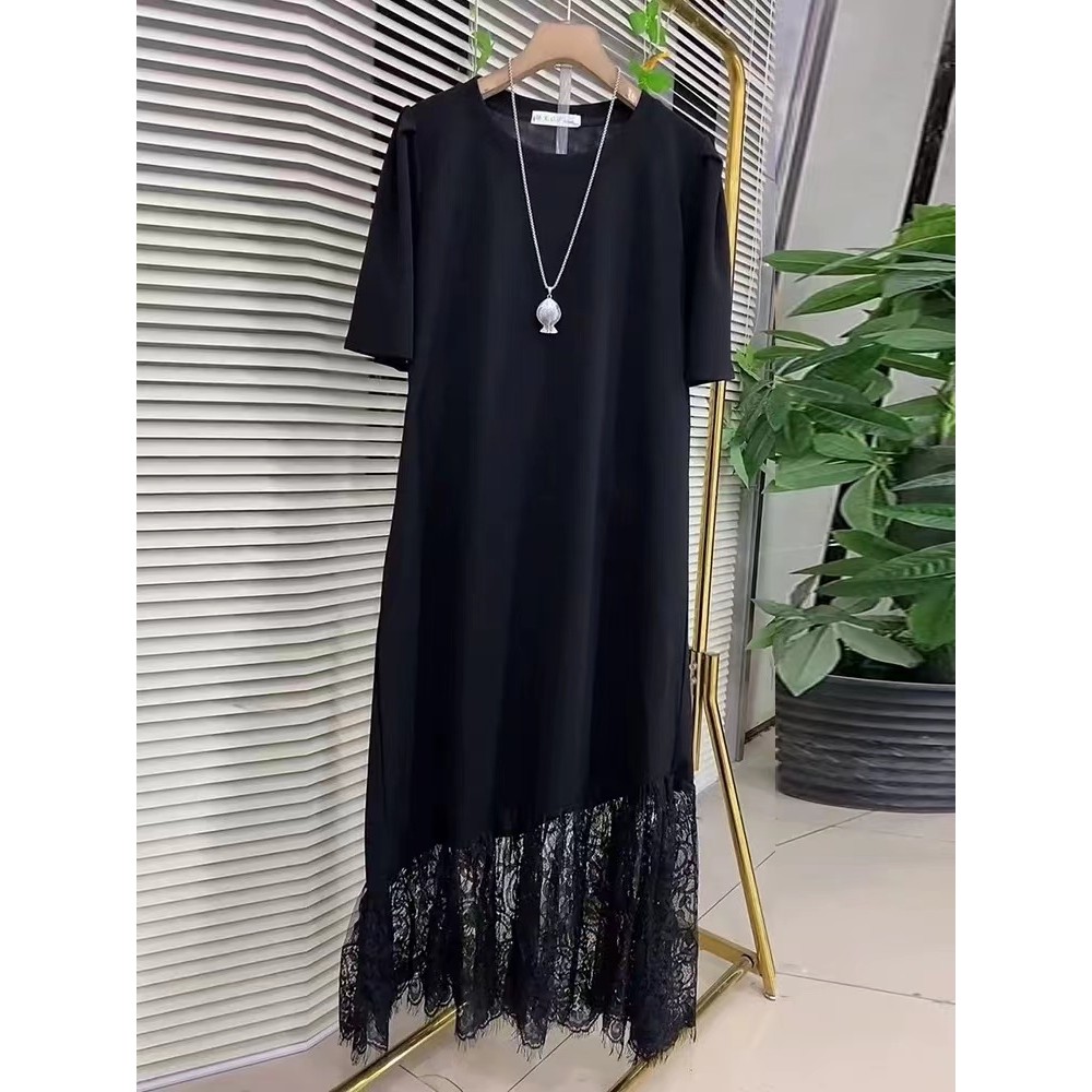 สาวอ้วน pulssize M-5XL Plus ขนาดผู้หญิงแขนสั้นลูกไม้ Hem ชุด 150 กก.ไขมัน MM กลางความยาวสไตล์ตะวันตกลดอายุ Slimmer ดูชุดลําลองชุด