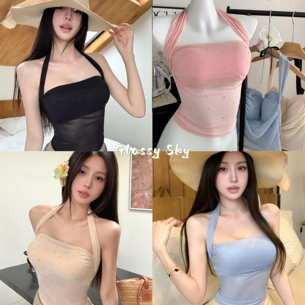 Glassy Sky💖พร้อมส่ง💖เสื้อกล้ามคอกว้าง ฟองน้ำในตัว กากเพชรหน้าอก ผ้าซีทรูสุดฮอต ทรงท่อ หน้าร้อน เซ็กซี่สุดๆ(FY9358)