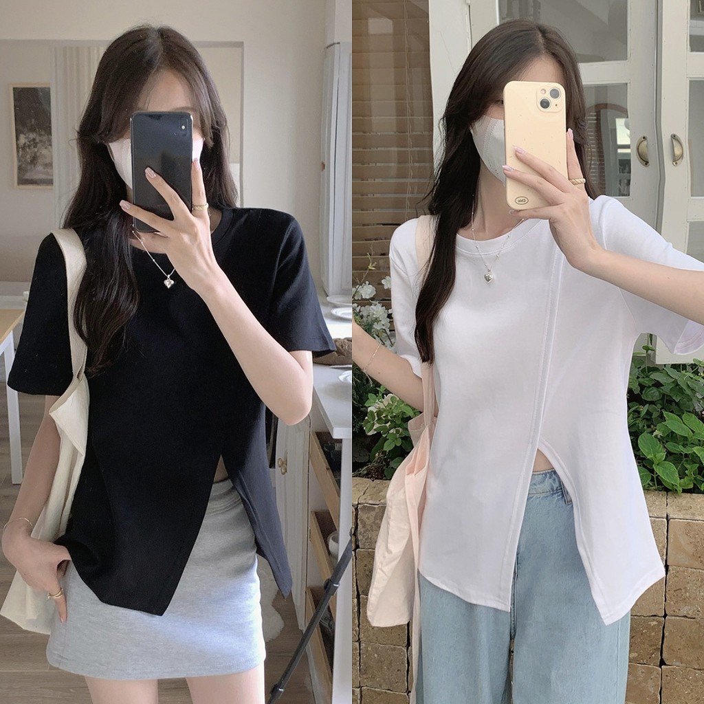 เสื้อยืดแขนสั้น คอกลม ทรงเต็มตัวเรียบง่าย ด้านหน้าแต่งแหวกข้าง เก๋ๆชิคๆ เนื้อผ้าเรยอน ยืดเยอะ อวบอ้วนสามารถใส่ได้