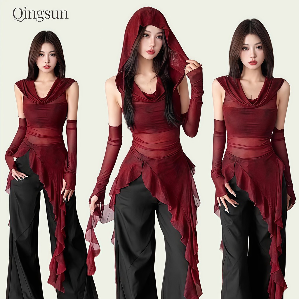 เซ็กซี่ ผ้าใส่สบาย เดรส ฮูดดี้ผ้าซี่ทรู สีแดง น่ารักมากๆ แถมปลอกแขน ใส่สบาย “FY2801#1” Qingsun