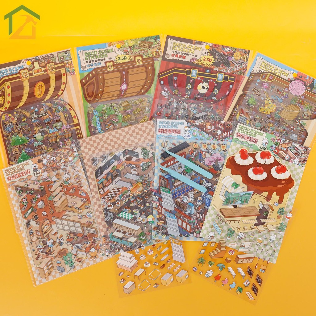 8 ชิ้นน่ารักการ์ตูนฉากสติกเกอร์ชุด PET DIY 3D Miniature House สติกเกอร์ชุดสําหรับผู้ใหญ่ SHOPCYC2010
