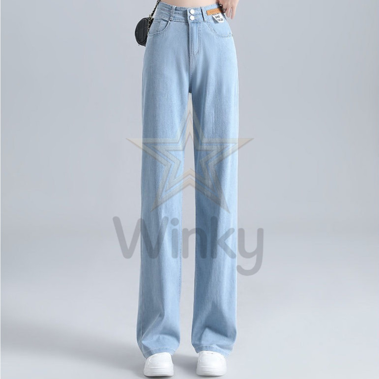 กางเกงยีนส์ผู้หญิง ผ้าเย็น บางเบา ขายาวเอวสูง เอวยืดได้ ทรงกระบอกใหญ่ ใส่สบาย ไม่ร้อน