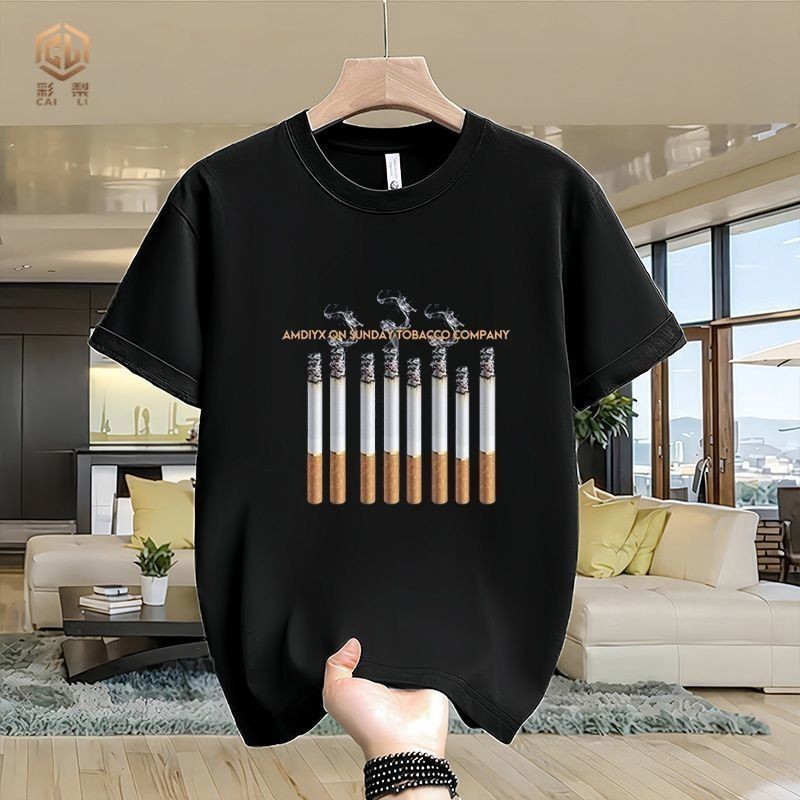 KATUN MERAH VBA Ruffian หล่อฤดูร้อน All-Match รอบคอสุทธิสีแดงพิมพ์แนวโน้มแฟชั่นผ้าฝ้าย 100% ผู้ชายแข