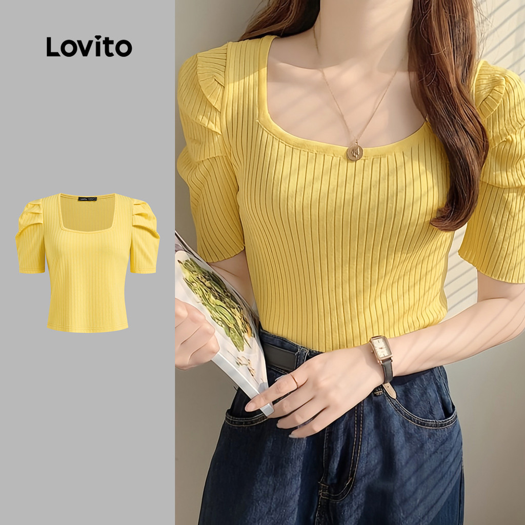Lovito เสื้อยืดแบบเรียบง่ายดีไซน์เรียบกลายสายสำหรับผู้หญิง สีเหลืองในฤดูใบไม้ผลิ/ฤดูร้อน L142ED006
