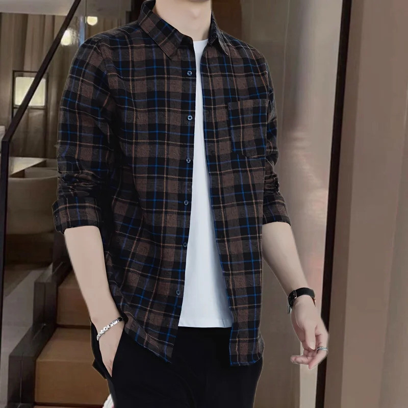 เสื้อเชิ้ตผู้ชายฤดูใบไม้ร่วง 2024 ใหม่ แบบ patchwork คอเหลี่ยม ลายสก๊อต ดีไซน์หลวม สไตล์การทำงานและลำลอง
