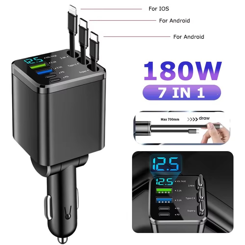7-in-1 Retractable Car Charger 120W Fast Charging USB Type-C Power Adapter พร้อมสาย LED Retractable
