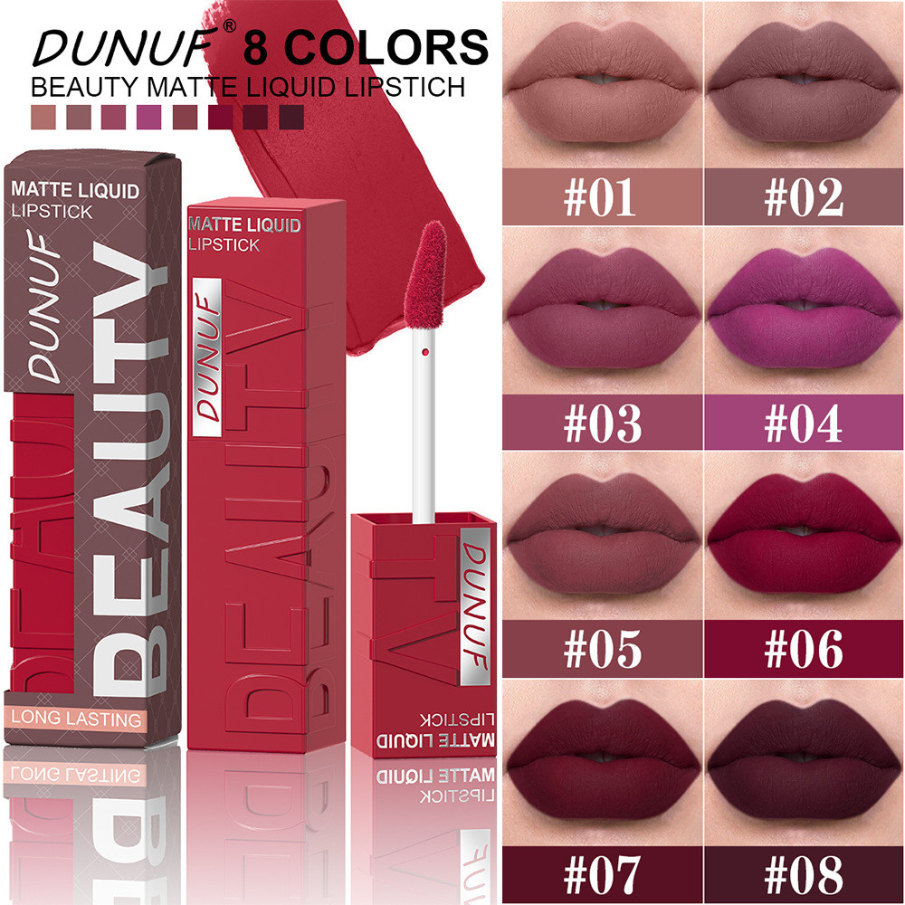 8 สี Matte Velvet ลิปสติกสีง่าย Square Tube ลิปกลอสกันน้ํา Plumping Dark Red Brown Lip Tint แต่งหน้า