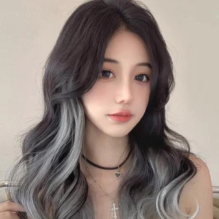 แฮร์พีชผมลอน วิกผม ลอนไฮไลท์ ยาว50cm สีชมพู/เทา ไหมนิ่ม ใส่ง่าย สะดวก