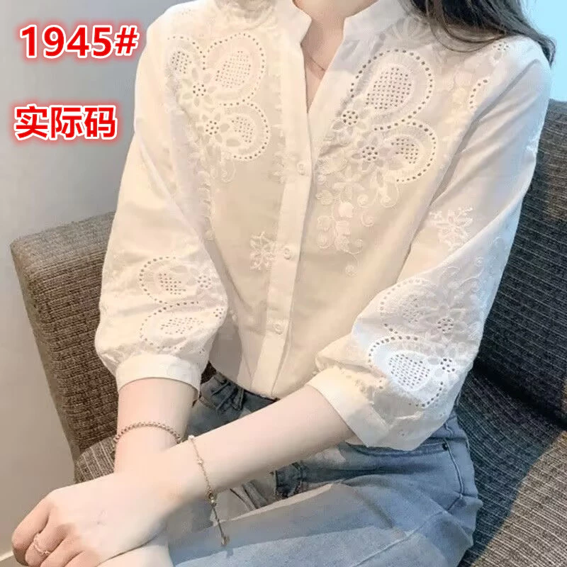 เสื้อเชิ้ตสีทึบผู้หญิง แขนสามส่วน ลายปัก Hollow ทำจากผ้าฝ้ายแท้ สไตล์ย้อนยุค