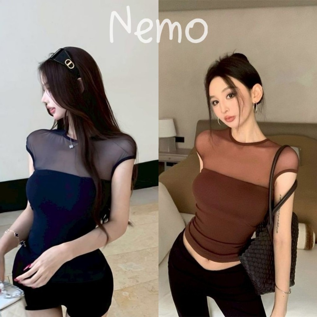 Nemo store #FY1040 เสื้อยืดแขนสั้น ดีเทลแต่งซีทรูด้านบน ผ้านุ่มนิ่ม สีสดใส ยืดพอดี เสื้อผู้หญิง