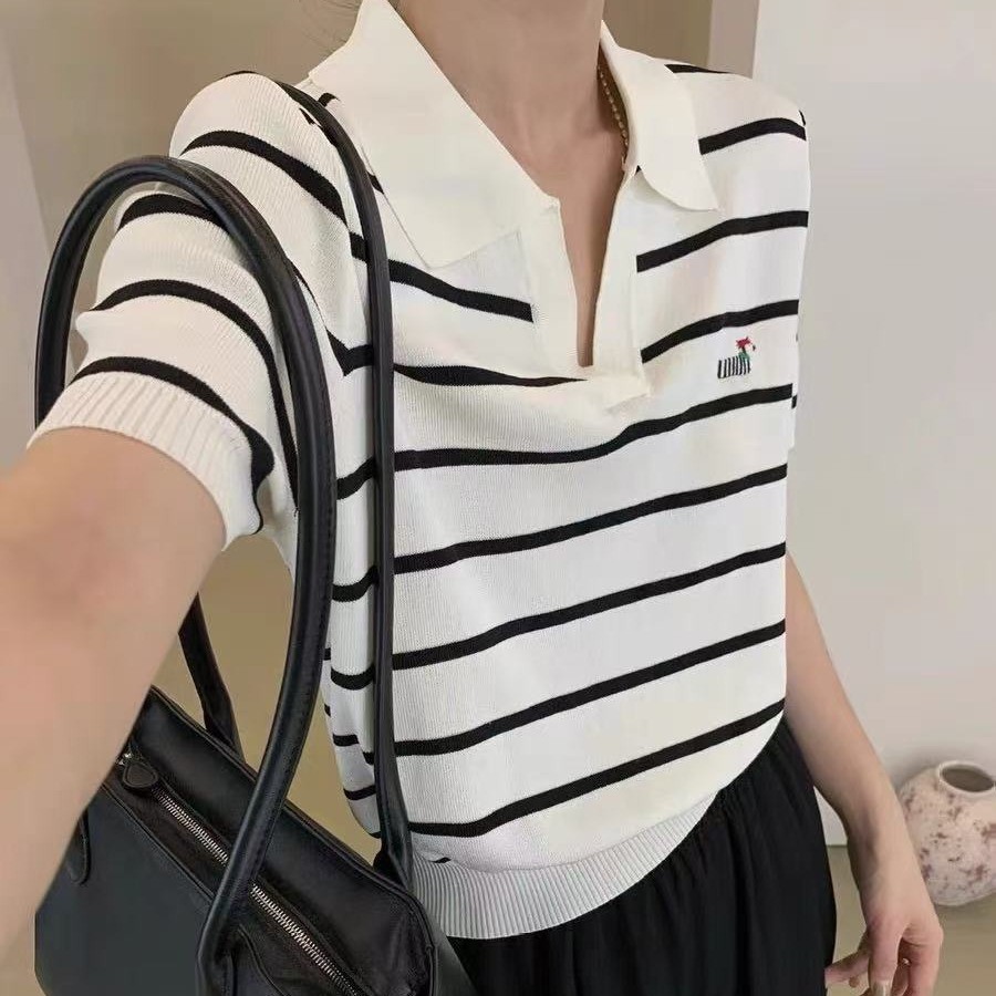 GAKKI เสื้อสเวตเตอร์ถักคอโปโลแขนสั้นผู้หญิง ทรงเข้ารูป เสื้อยืดแขนสั้นผู้หญิง รุ่น 3259#