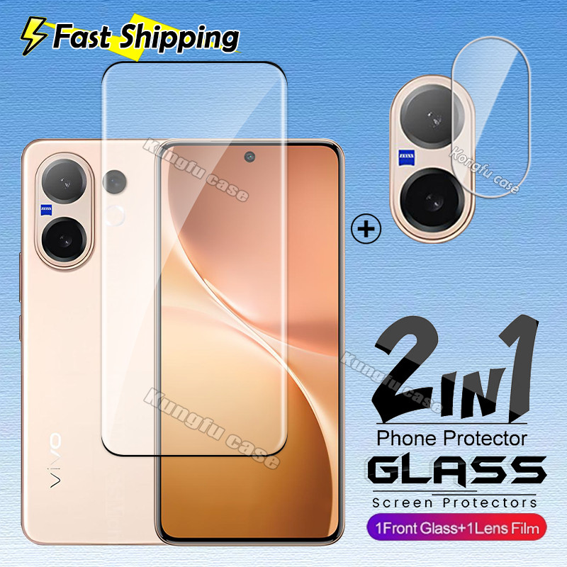 2in1 กระจกดัดร้อนสําหรับ Vivo V60 VivoV60 V 60 5G ป้องกันหน้าจอโค้งกระจกนิรภัยลายนิ้วมือปลดล็อคโปร่งใส HD Clear Coverage เลนส์กล้องป้องกันฟิล์ม