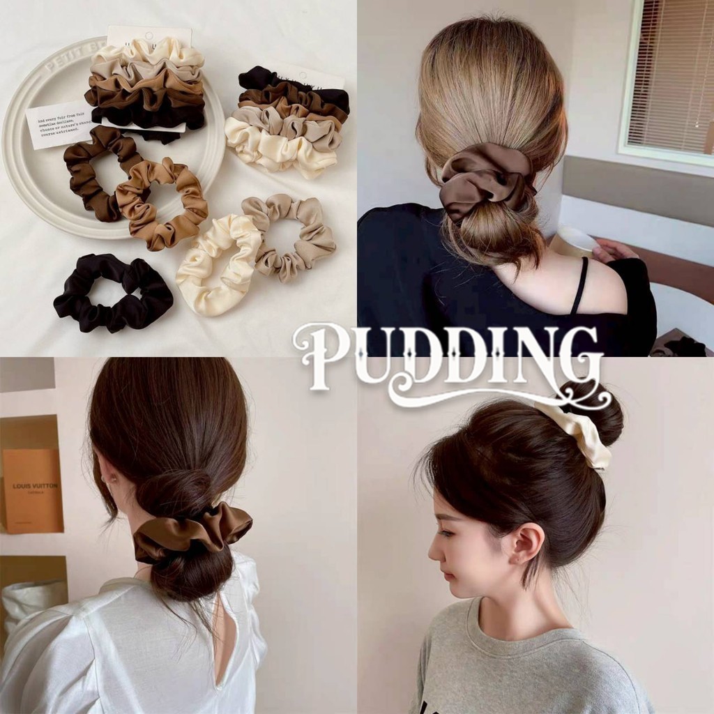 PUDDING ยางรัดตัว ผ่านุ่มนิ่ม ยางรัดผมหางม้าแบบยืดหยุ่นสูง ผ้าซาติน สไตล์มินิมอลสาวเกาหลี-VO-47