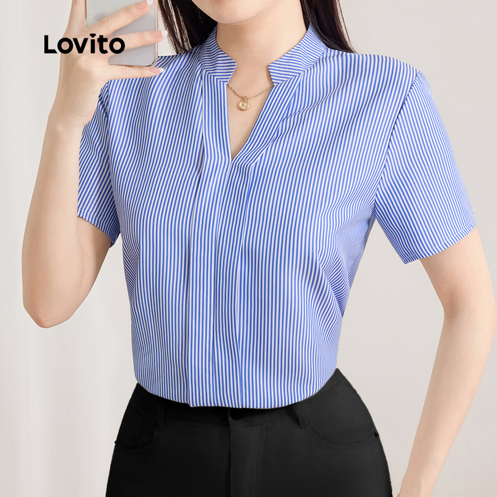 (New) Lovito เสื้อเชิ้ตลำลองช่วงฤดูใบไม้ผลิ/ฤดูร้อน สีน้ำเงิน สำหรับผู้หญิง L243AD605