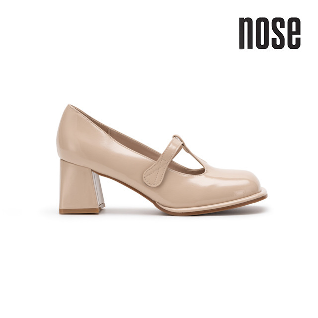 Nose T Bar Chunky Heel Pump - รองเท้าสีเบจ T-Bar - Krim