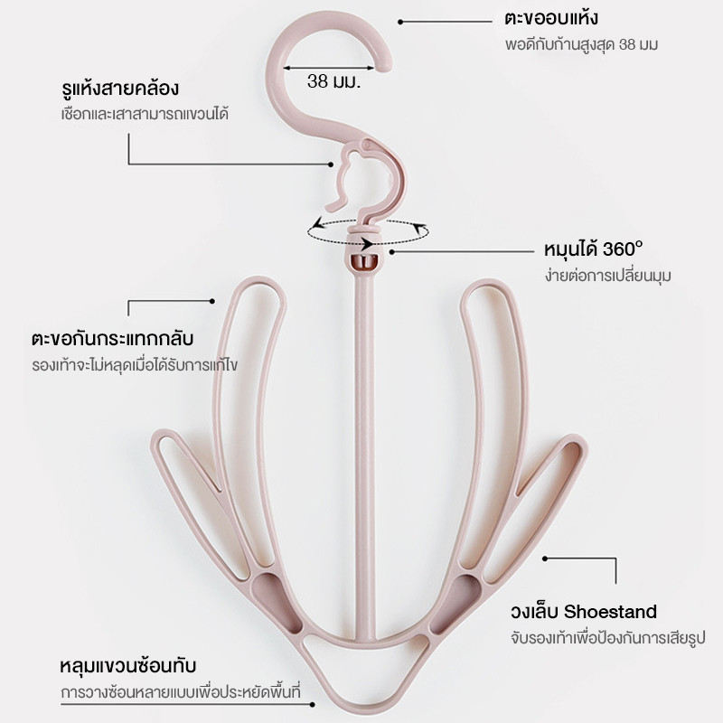 ไม้แขวนรองเท้า ไม้แขวนรองเท้ารุ่นพับได้ รองเท้าแบบพลาสติก หัวเกี่ยวหมุนได้ 360องศา (คละสี) - รูปที่ 4