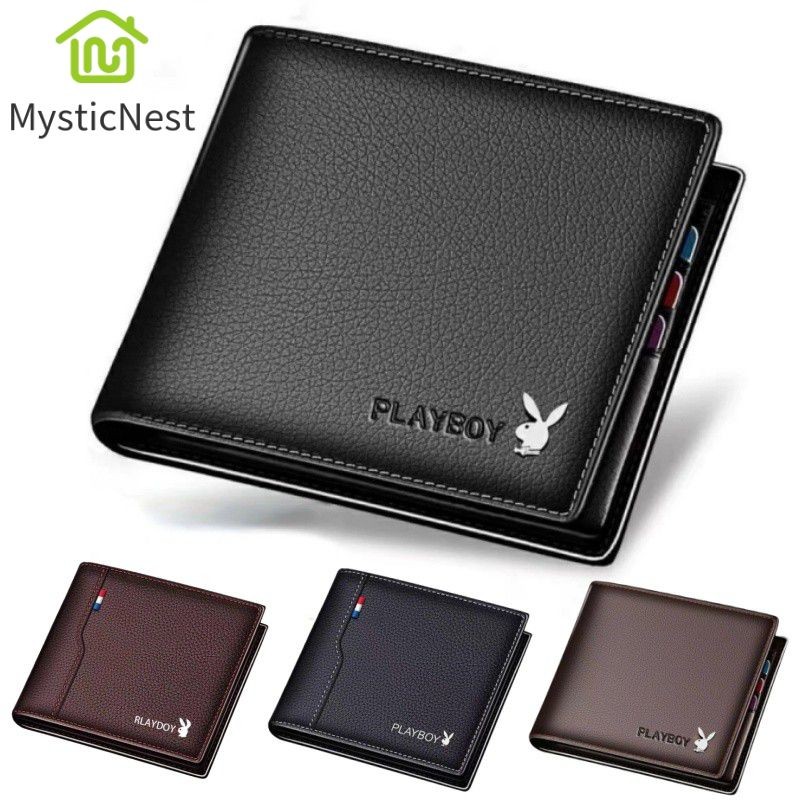 【ช้อปปิ้งรวดเร็ว】กระเป๋าสตางค์หนังพับสองทบสำหรับผู้ชาย หนังคุณภาพสูง มีช่องเก็บของหลายชั้น พร้อมคลิปหนีบ 【MysticNest】