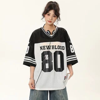 PROMAN เสื้อวินเทจอเมริกัน ฤดูร้อน ลายทางสีต่อ พิมพ์ตัวอักษร ทรงหลวม ใส่ได้ทั้งชายหญิง