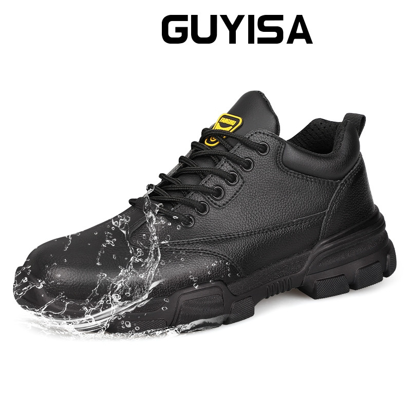 GUYISA รองเท้านิรภัยหนังยางสีดํากันน้ํากันลื่นทนต่อการสึกหรอห้องครัวรองเท้านิรภัยตกปลาสําหรับผู้ชาย 