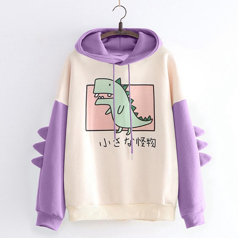 ฤดูหนาวไดโนเสาร์น่ารักการ์ตูนเสื้อกันหนาวหมวกผู้หญิงแฟชั่นเสื้อกันหนาวลําลองพิมพ์แขนยาวสไตล์เกาหลี ประกบกัน ท็อปส์ น่ารัก เสื้อผ้า
