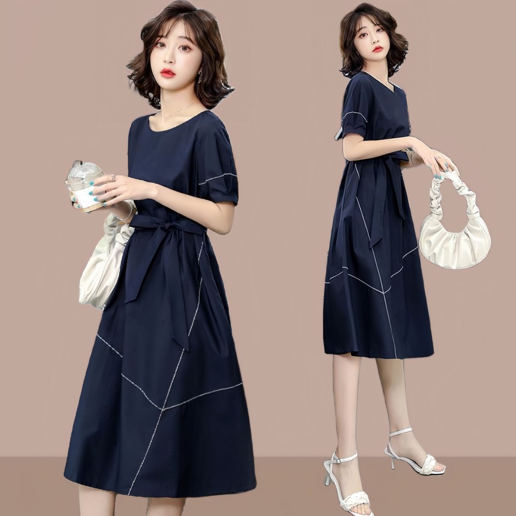 ชุดกระโปรงทรง A-line สไตล์เกาหลี ขนาด M-2XL แขนสั้น คอรอบ ตัวเล็กเรียบร้อย