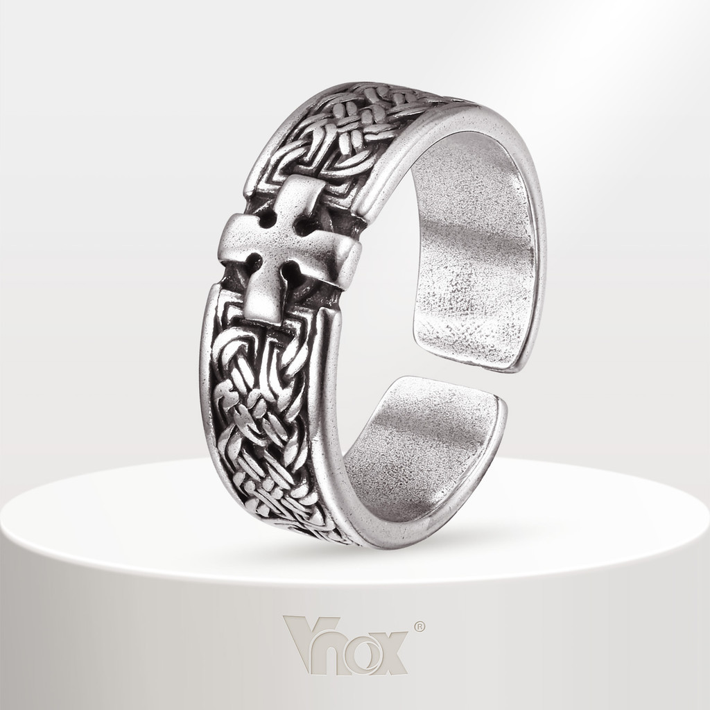Vnox Cross Opening Adjustable Ring,Retro Grey Faith Band แหวนแฟชั่นสําหรับผู้ชาย Boy Non-tarnish