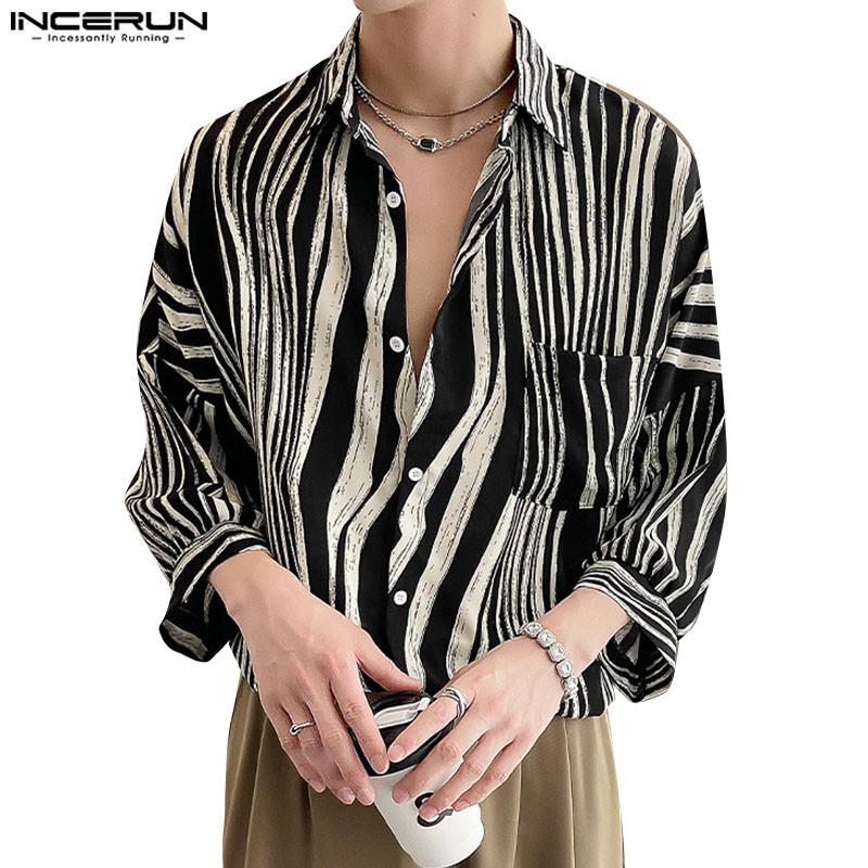 Incerun เสื้อเชิ้ตแขนเจ็ดลายแฟชั่นเกาหลีสําหรับผู้ชาย