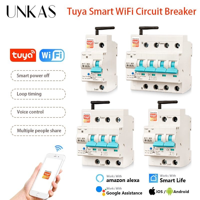 ✯UNKAS 1P 2P 3P 4P Tuya App Wifi Circuit Breaker Interruptor Smart Life Timer Voice Remote Control A