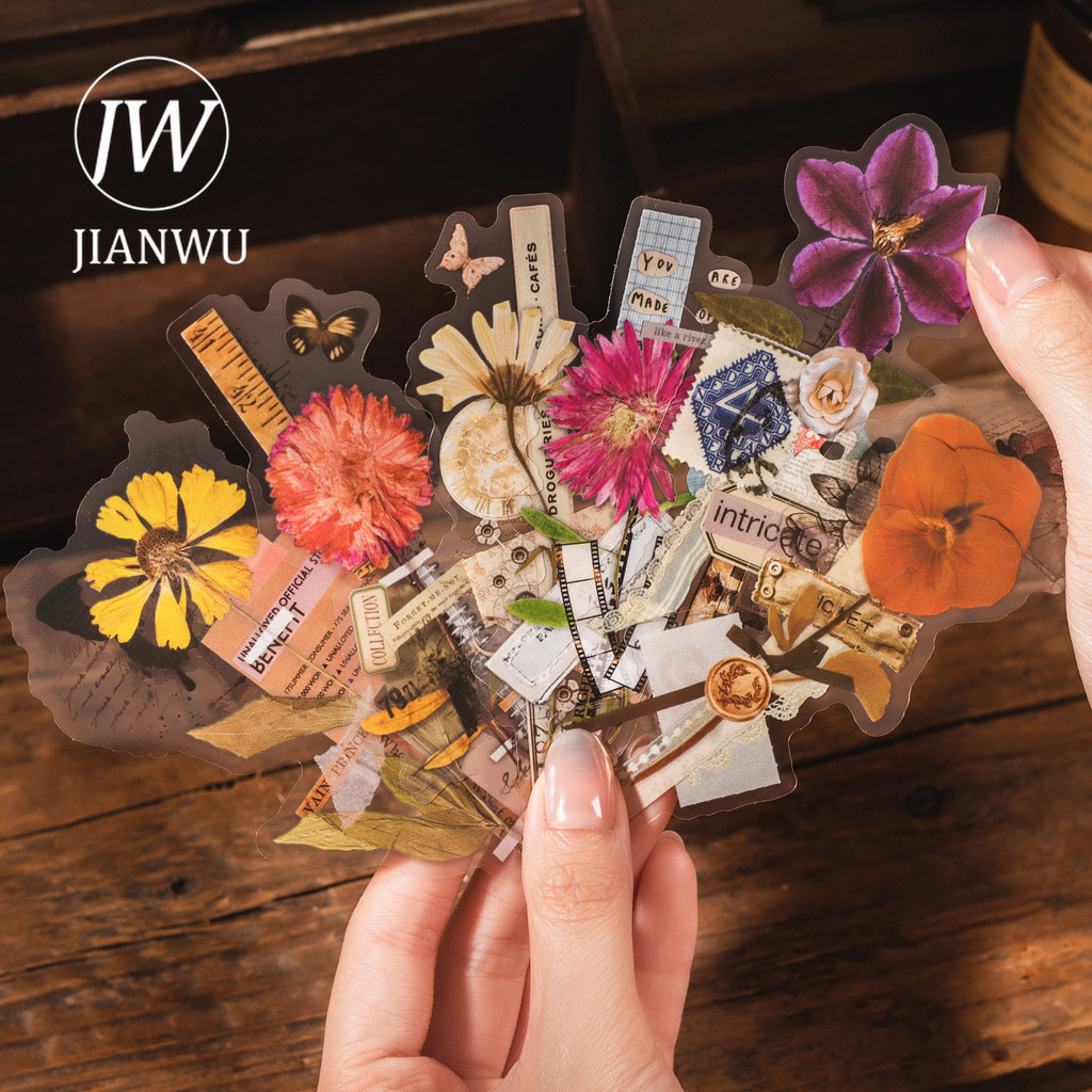 Jianwu ดอกไม้แห้ง Handmade Series Vintage Collage ภูมิทัศน์วัสดุกระดาษ Creative DIY Junk Journal เครื่องเขียน